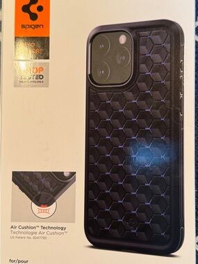 Spigen Hex Pattern Black Phone 15 Pro Max Case with Blue Accent
